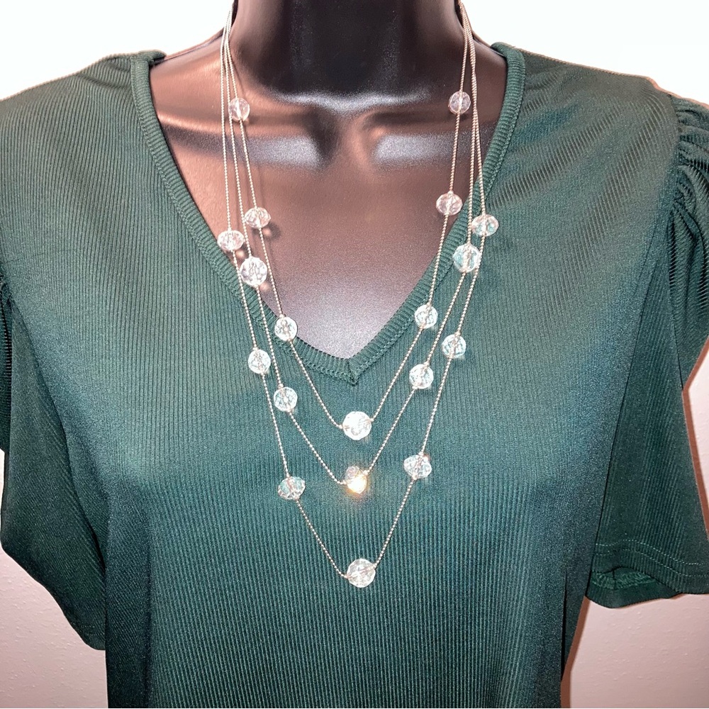 American Eagle Faceted Crystal Silver Long Layered Necklace Statement Jewelry - Picture 4 of 15